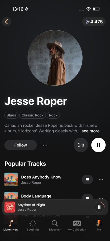 An artist profile on the Tapedeck app